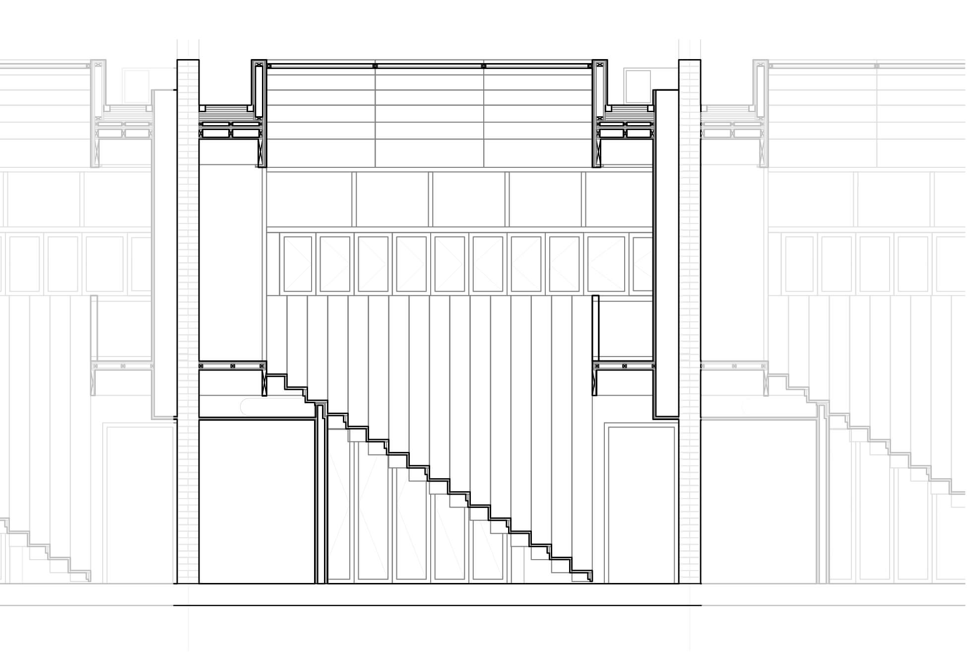 Detailed section drawing cutting through the kitchen stairs